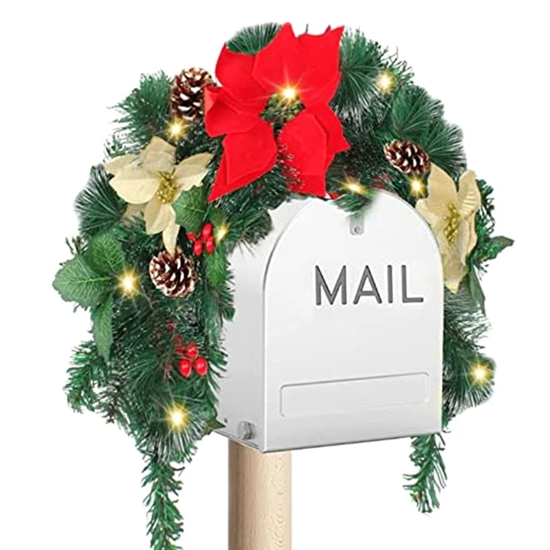 

Рождественский почтовый ящик, Рождественский уличный Рождественский почтовый ящик, декор с подсветкой, ягоды, красные цветы, кластеры, сосновые конусы