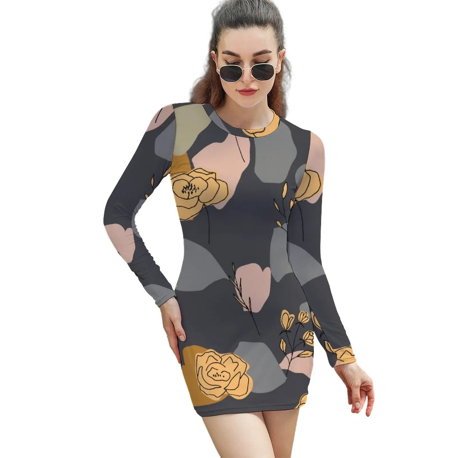 

Exotic Woman's Gown Long-sleeved Dress Flowers Long-sleeved Sheath Dress Top Quality Clubs Funny