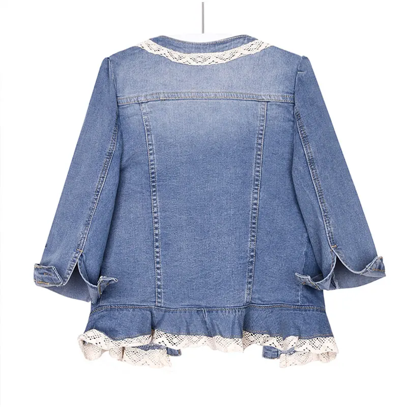 Women Lace Trim Round Collar Crop Jean Jackets Seven Sleeve Light Blue All Match Bomber Short Denim Coat Korean Casual Jeans Y2K - купить по
