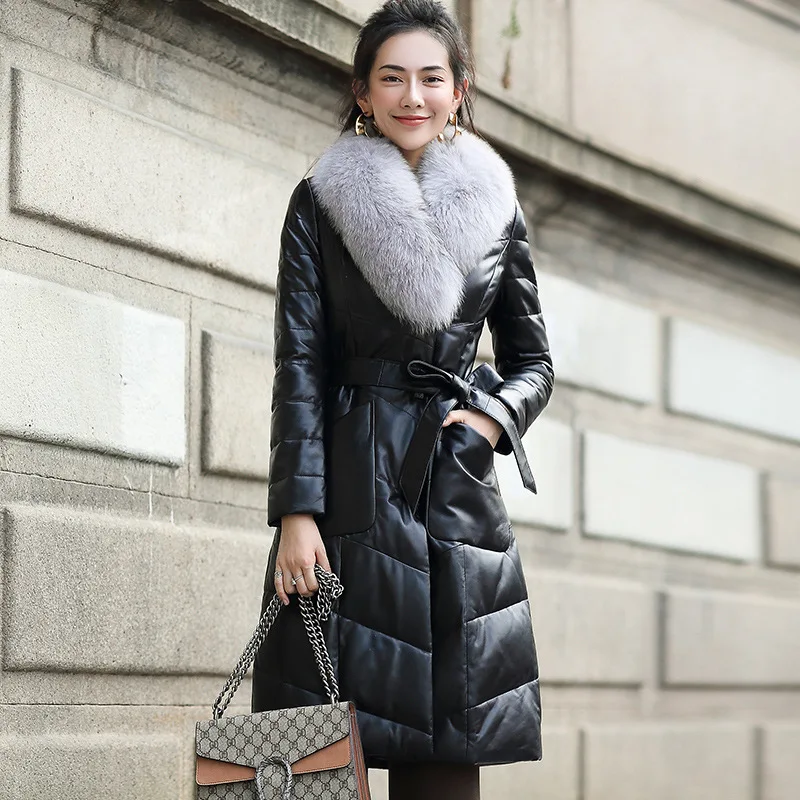 

Высококачественная кожаная куртка на утином пуху, женское средней длины на шнуровке из лисьего меха, пальто из натуральной кожи с хлопковой...