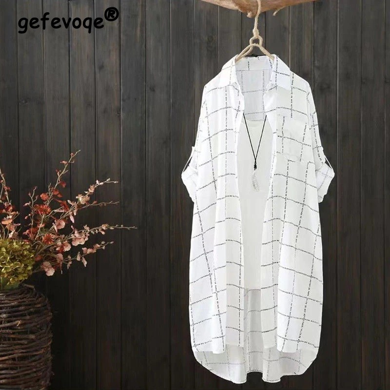 

Summer Casual Fashion Vintage Letter Plaid Print Long Sleeve Sunscreen Midi Cardigan Shirt Women Loose All-match Blouse Blusas