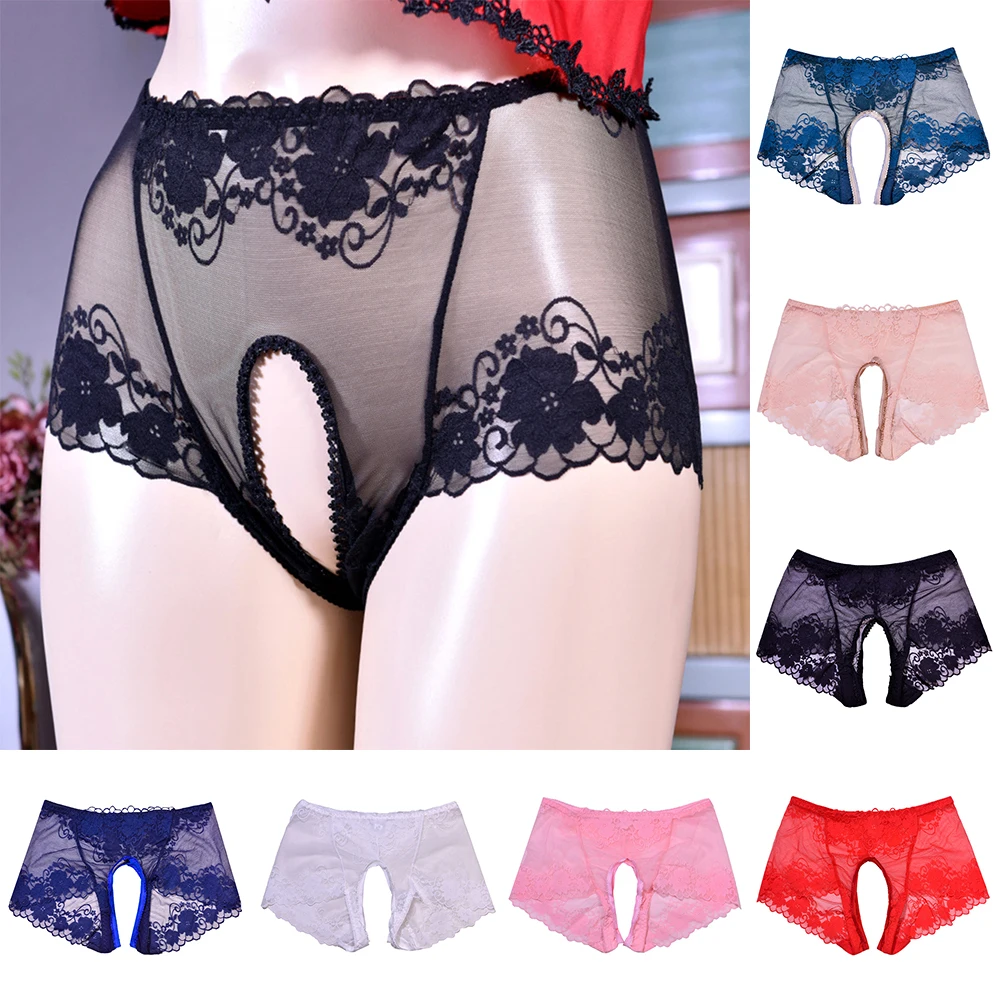 

Women Lace Crotchless Sexy Briefs Open Butt See-Through Underwear Full Transparent Underpants Embroidered Floral Knickers