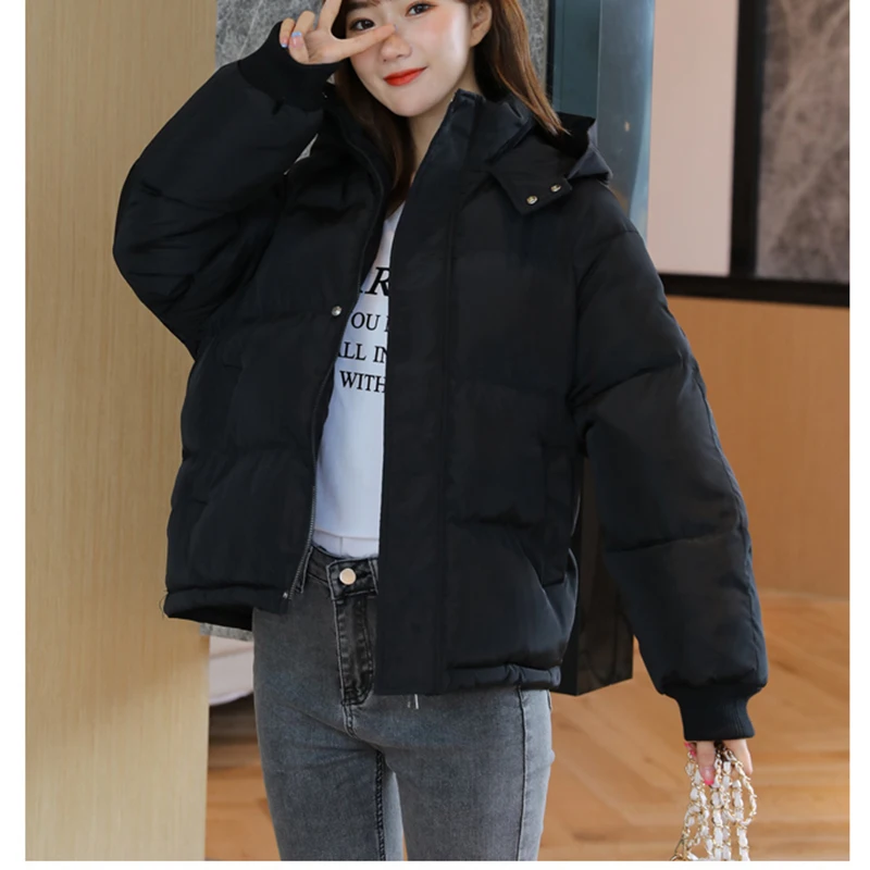 Winter Women's Hooded Zipper Loose Down Coat Korean Fashion Solid Color Long Sleeve Warm Thick Cotton Coat New 2023 Black