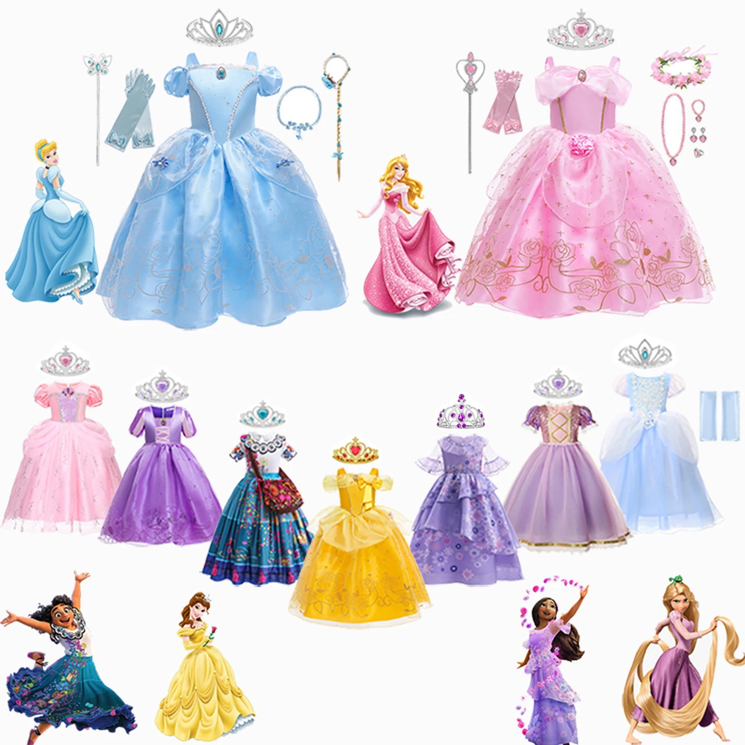 

Encanto Isabela Dress Cosplay Mirabel Rapunzel Costume Cinderella Belle Aurora Kids Party Clothes Girls Princess Dress Vestidos