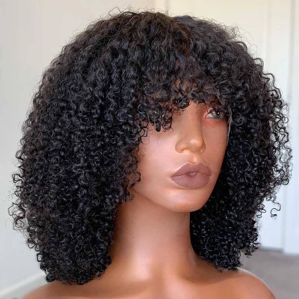 

Афро кудрявые вьющиеся парики с челкой, полностью машинное изготовление, Короткие вьющиеся человеческие волосы, парики для чернокожих женщ...