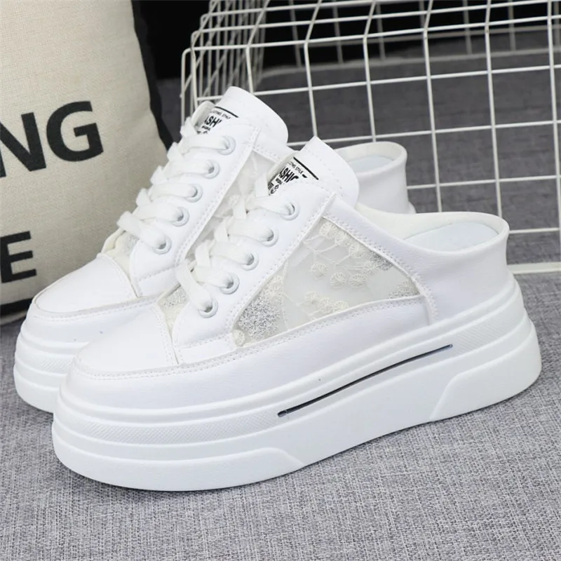 

Embroidered Baotou Half-slippers Women's Spring Summer Outside Wear No Heel Slip-on Thick-soled Height-increasing White Shoes