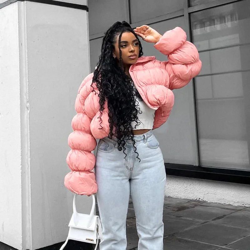 WeiYao Parkas Winter Jacket for Women Long Doughnut Sleeves Stand Collar Zipper Coat Women Winter Oversize Jackets Puffcoat Pink