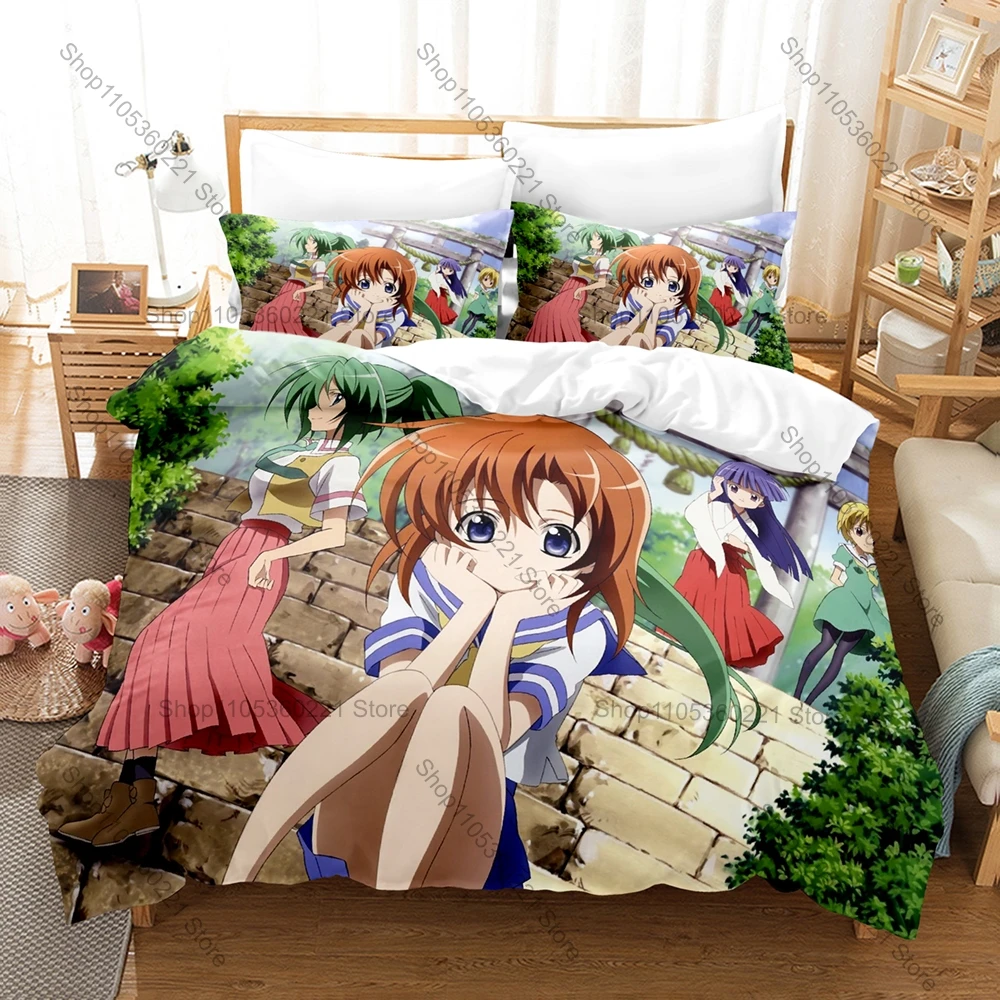 Фото Комплект постельного белья с принтом персонажей аниме Hinamizawa Village Higurashi: пододеяльник + 2 наволочки, размеры Twin, Full, Queen, King №4