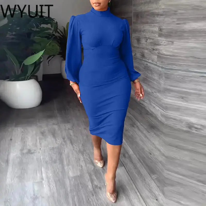 

Элегантные офисные женские платья с высоким воротником, модное облегающее платье с длинным рукавом и вырезами, женское повседневное одното...