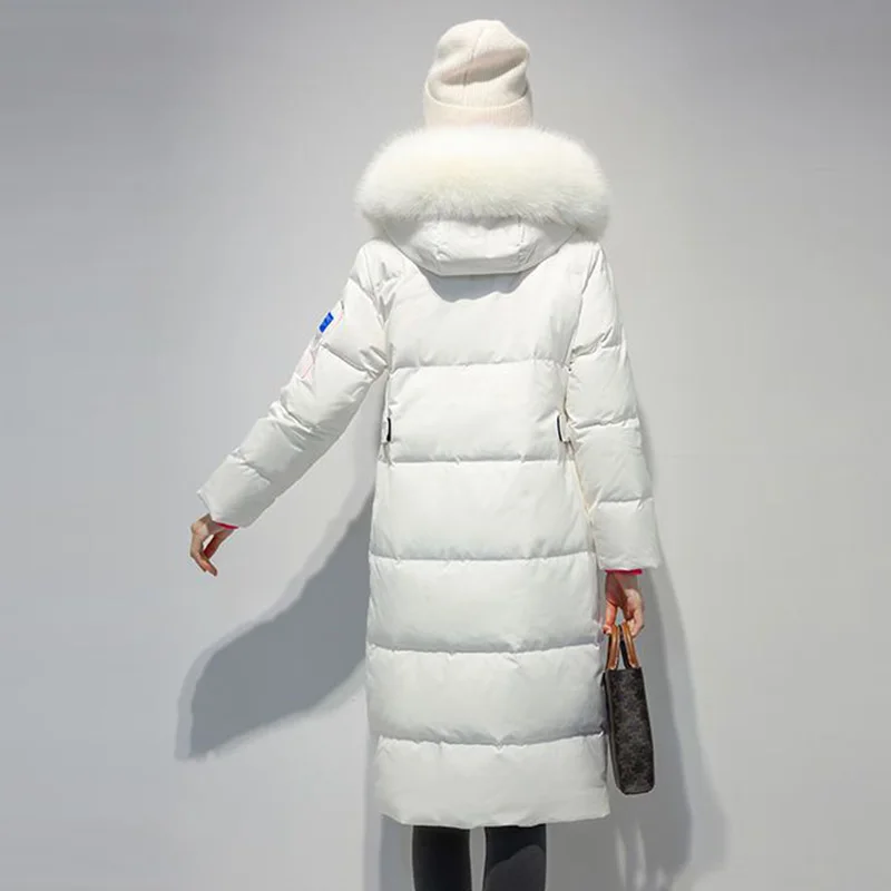 Down Jackets Female Winter 2022 New Thickened Big Hair Collar Long Knee Loose Pure Color Thin Warm White Duck Down Coats Women