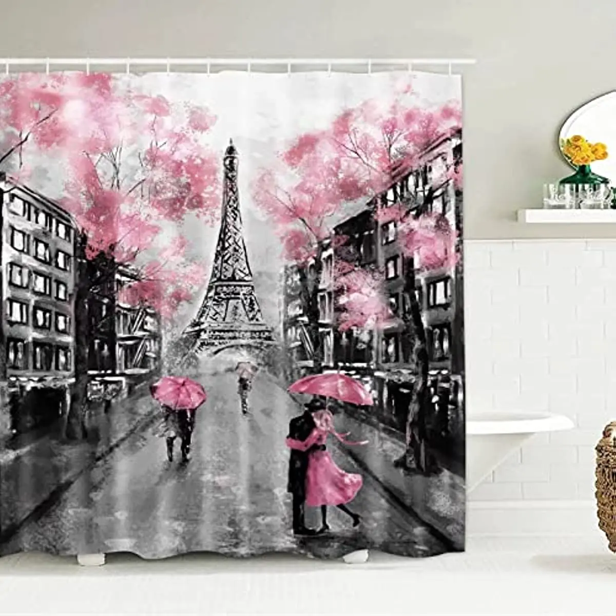 

Paris Eiffel Tower Pink Shower Curtain Set Valentine's Day Red Lips Gift Bath Curtain Against Water Bathroom Decor With Hooks