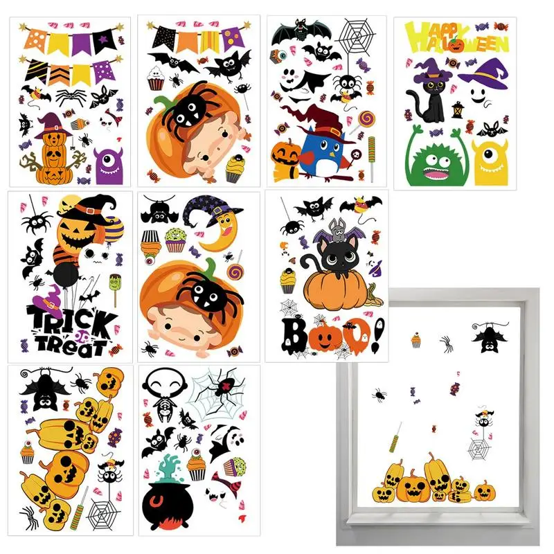 

Halloween Window Stickers 9 Sheets Scary Silhouette Decorations Static Stickers Bat Spider Pumpkin Cartoon Window Stickers