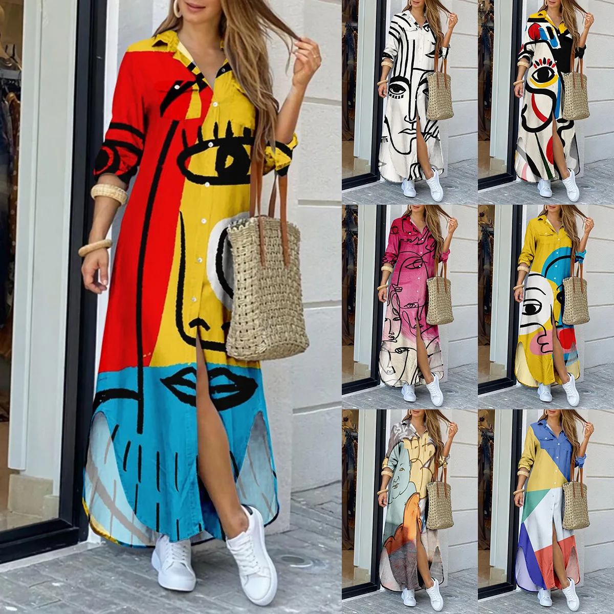 

2022 New Fashion Long Sleeve Printed Shirt Dress Long Dress