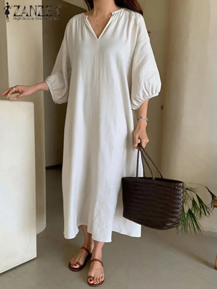 

Women Summer Long Maxi Dress 2022 ZANZEA Elegant Solid Vestidos Chic Holiday Puff Sleeve Sundress Casual Beach Dresses Oversized