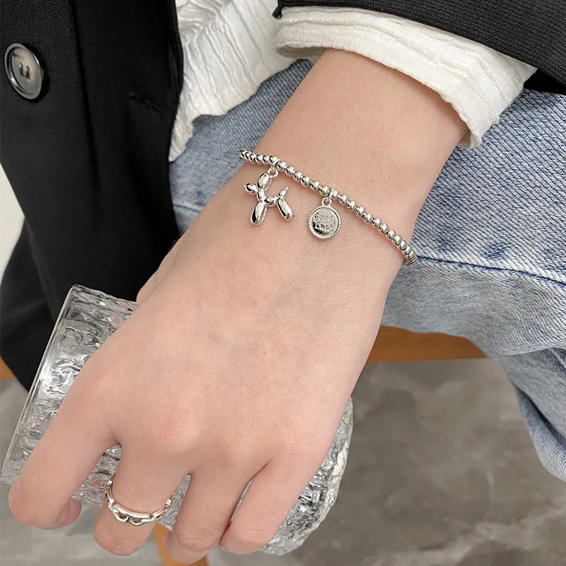

Fashion Punk Cute Balloon Puppy Pendant Bracelet for Women Couple Retro Round Brand Round Bead Hip Hop Jewelry Gilfriend Gifts