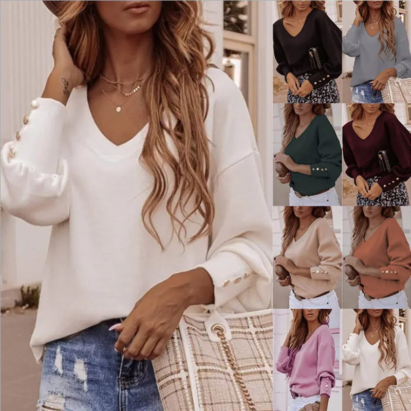 Женская футболка с V-образным вырезом рукавами-фонариками и пуговицами |