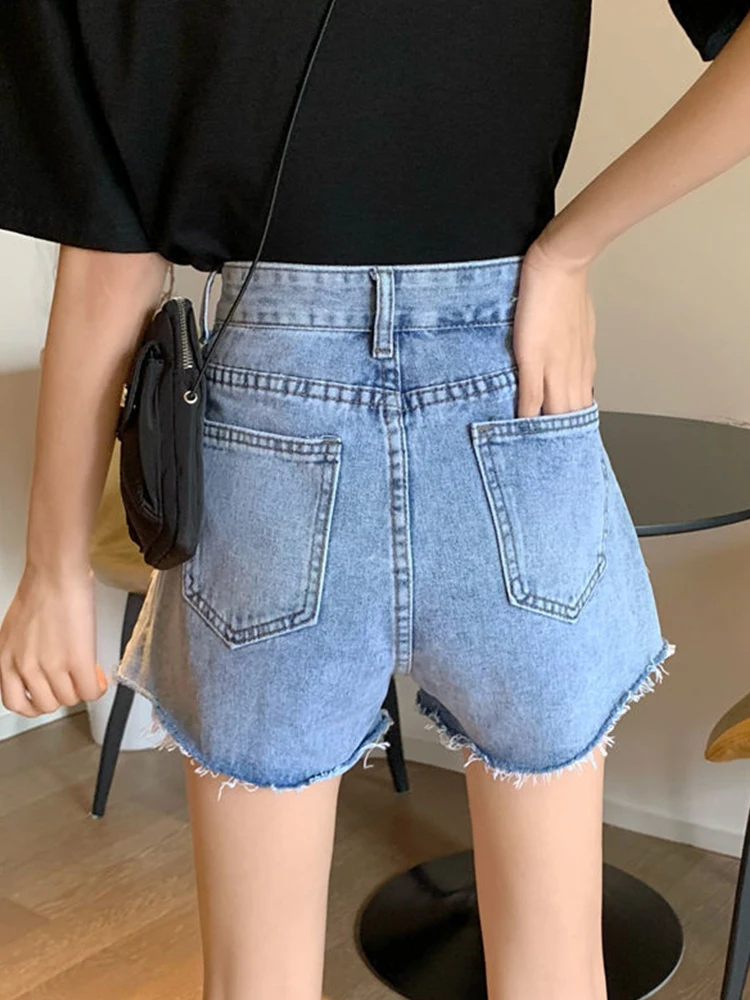Streetwear Women High Waist Wide Leg Raw Hem Blue Denim Shorts Spring Summer Female Loose Jeans Shorts Bottoms