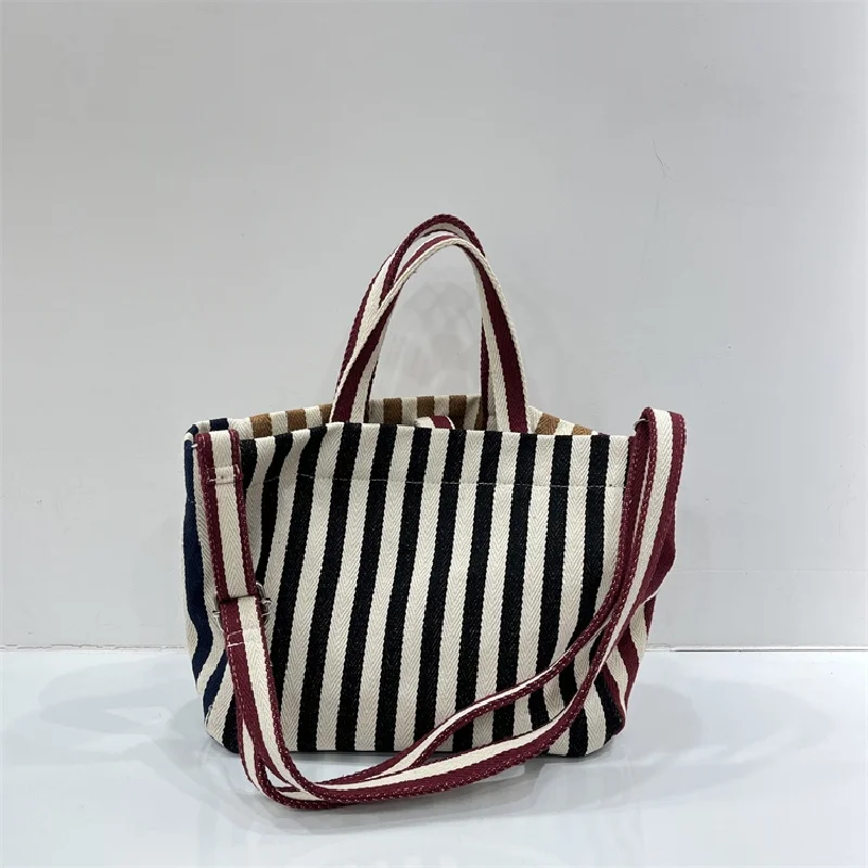 Fashion Striped Bag For Women Shoulder Bag Korean Style Large Basket Canvas Handbag Crossbody Simple Travel Satchels Tote Bag