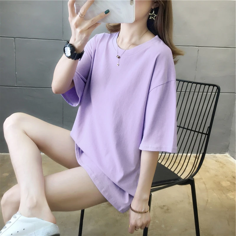 

DAYIFUN Summer Oversized T Shirt Women Harajuku Solid T-shirt Korean Casual Loose Short Sleeve Pink White Tops Female Tee Shirts