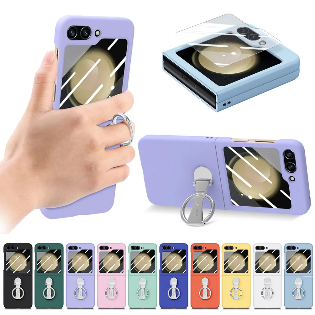 

Tempered Glass Protective case For Samsung Z Flip 5 Galaxy Z Flip5 Metal Finger Ring Buckle All-inclusive Camera protect Cover