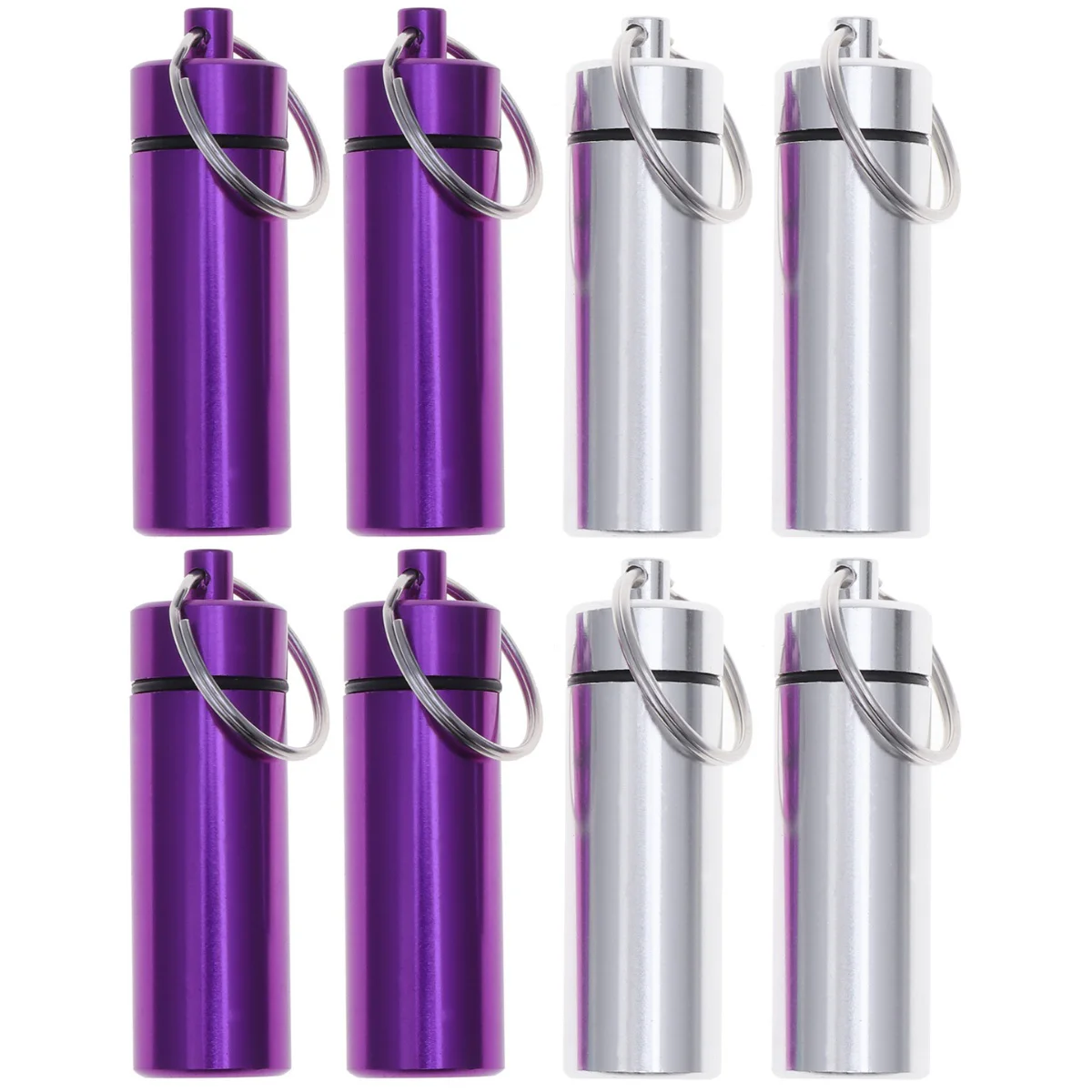 

8 pcs Mini Aluminum Alloy Keychain Bottle Holder Waterproof Single Case Box Silver and Purple for Each 2pcs