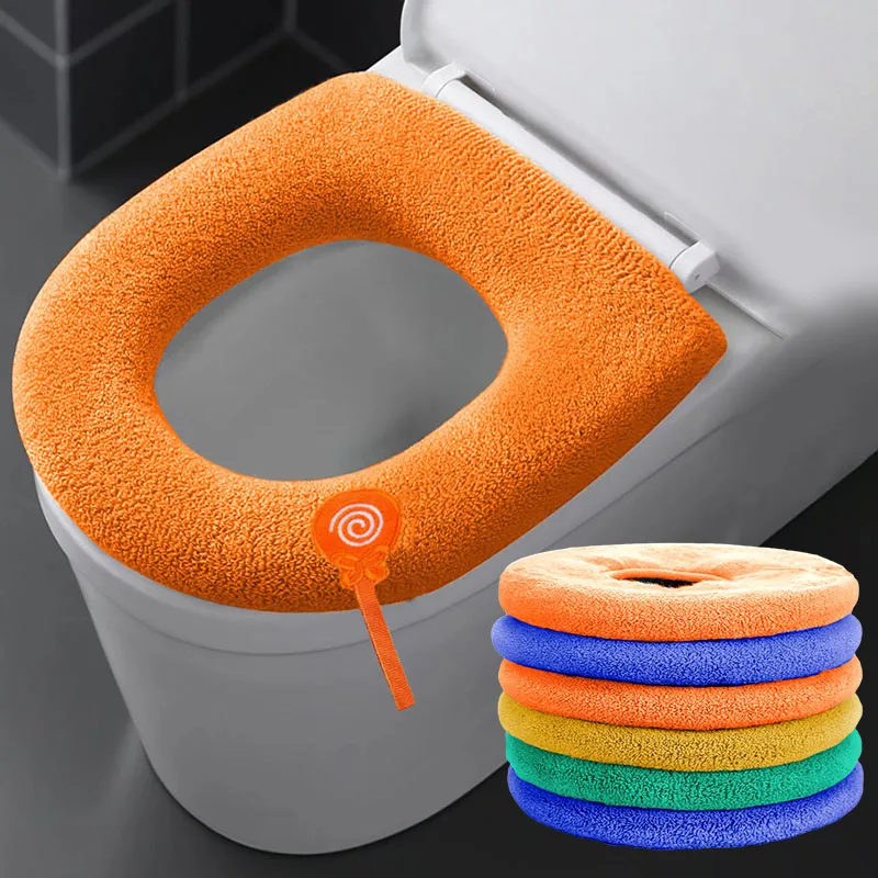 

Winter Warm Toilet Seat Cover Solid Color Closestool Seat Mat Soft Thicken Toilets Pad Cushion With Handle Bathroom Accessories