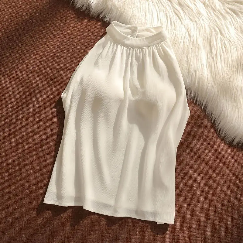 2023 New Beige Hanging Neck Satin Suspended Tank Top Women's Summer Design Feel  Sleeveless Top