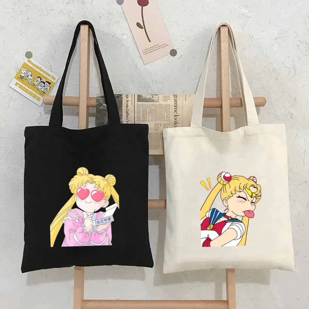 Kawaii Anime Cartoon Girl Cute Cat Sailor Moon Women Canvas Shoulder Tote Bags Harajuku Handbags Eco Shopper Cotton Shopping Bag