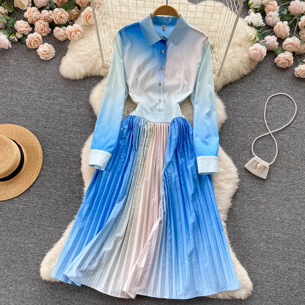 

Женское Плиссированное Платье-рубашка, дизайнерское подиумное платье с градиентным цветом, элегантное платье с отложным воротником и длин...