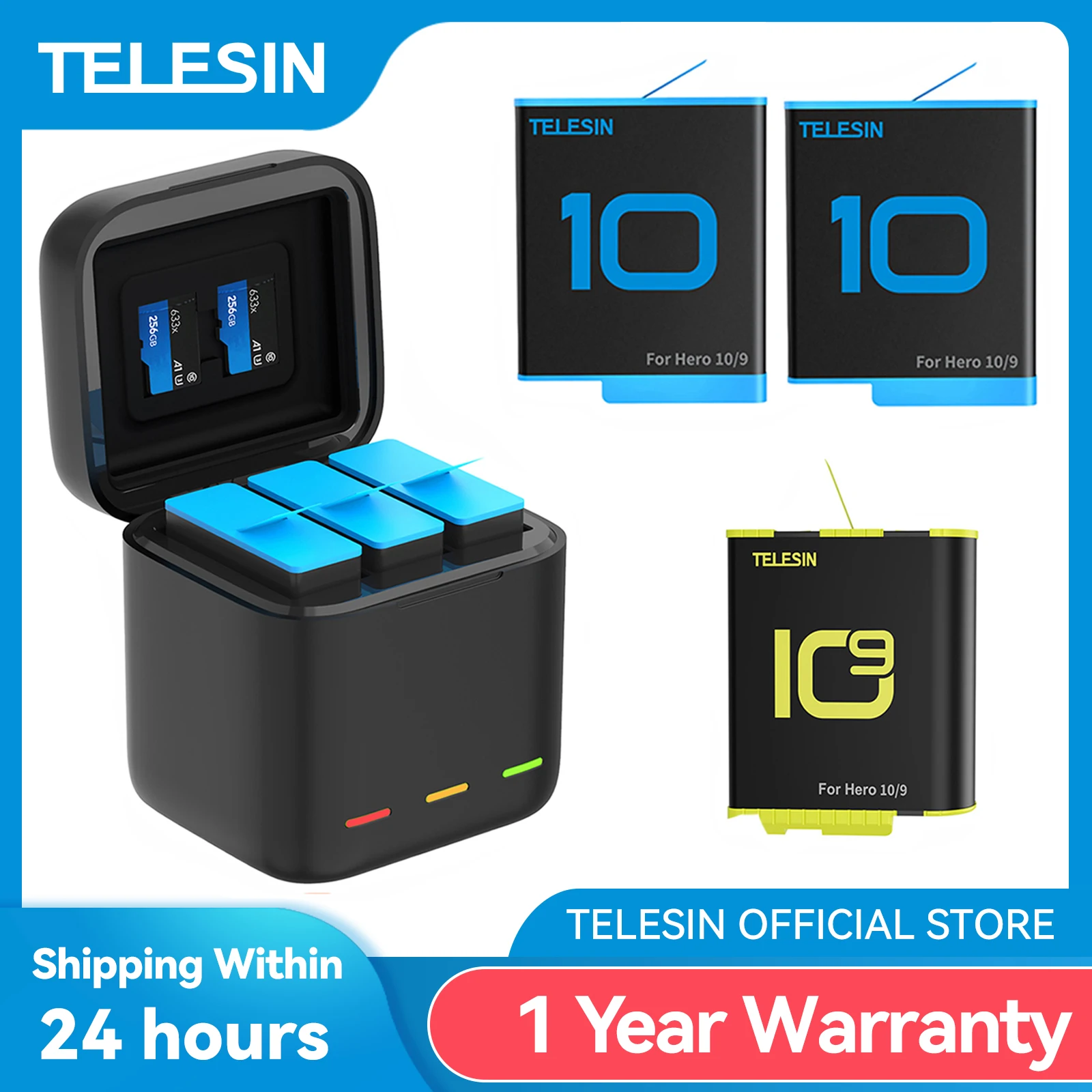 TELESIN Battery 1750 mAh For GoPro Hero 10 3 Way LED Light Battery Fast Charger Box TF Card Storage For GoPro Hero 9 Accessories