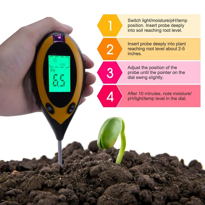 Digital 4 IN1 Soil Tester PH Meter Moisture Monitor Temperature Sunlight Tester for Garden Farm Lawn Plant Seeding Testing Meter