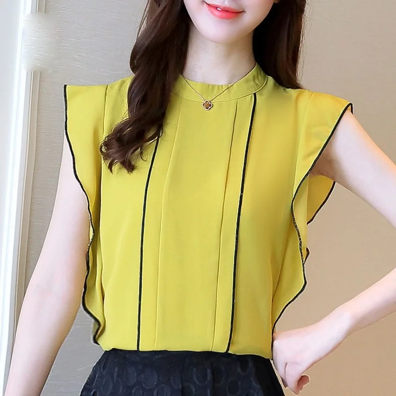 

New Women Chiffon Shirt Short-sleeved Oversized Loose Off-the-shoulder Top Round Neck Solid Color Chiffon Blouse Dropshipping