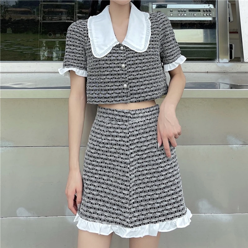 

Summer Small Fragrance Vintage Two Piece Set Women Peter Pan Collar Crop Shirt Top + Mini A-Line Skirts Sets Sweet 2 Piece Suits