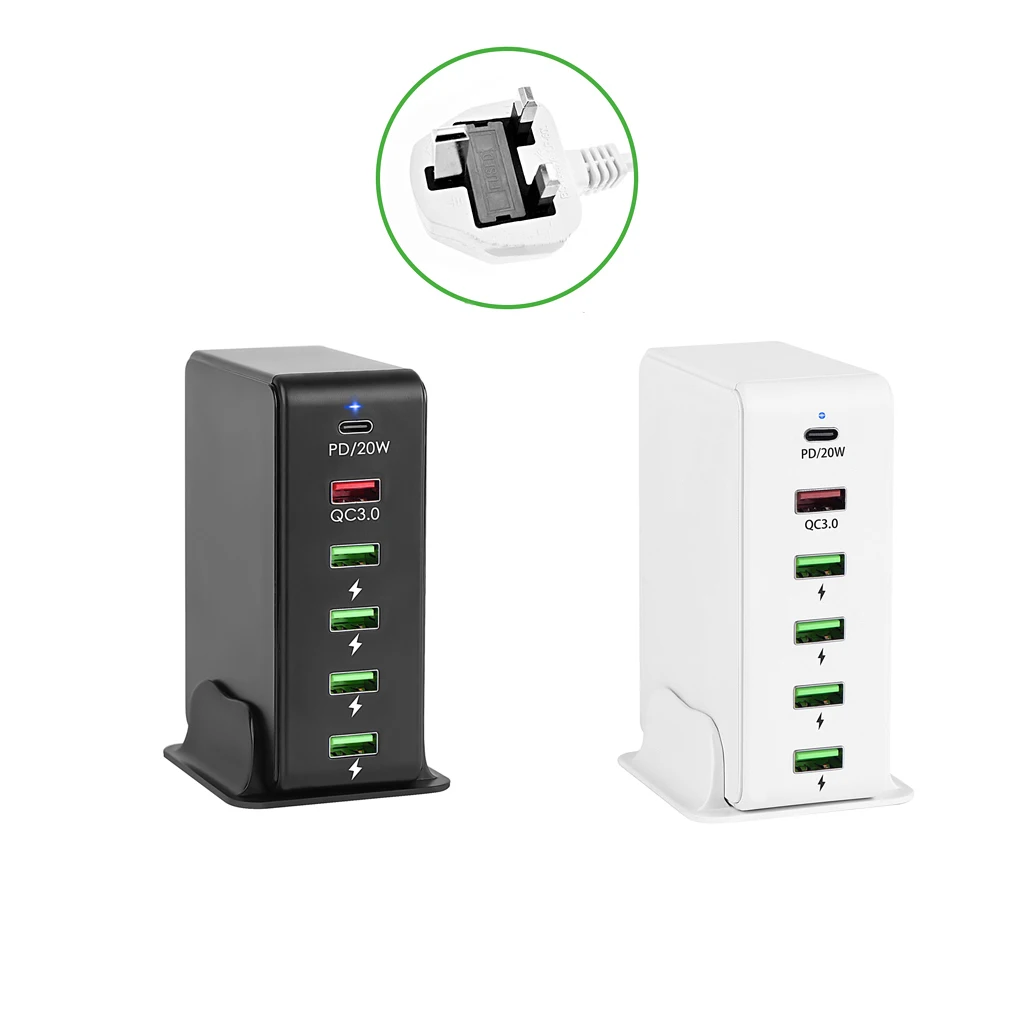 

UK Plug 6Ports Desktop Charger QC3.0 USB Fast Mobile Phone 20W Type C PD Adapter Charging Hub for Mobile Phone Tablet Cellphones