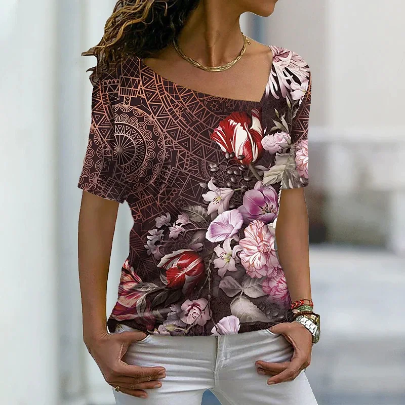 Женская футболка с коротким рукавом V-образным вырезом и цветочным принтом -