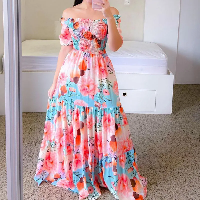 

2022 Stylish Printed Women Stretch Maxi Dress Temperament Short Sleeve Off Shoulder High Waist Ruched Vacation Casual Sexy Dress