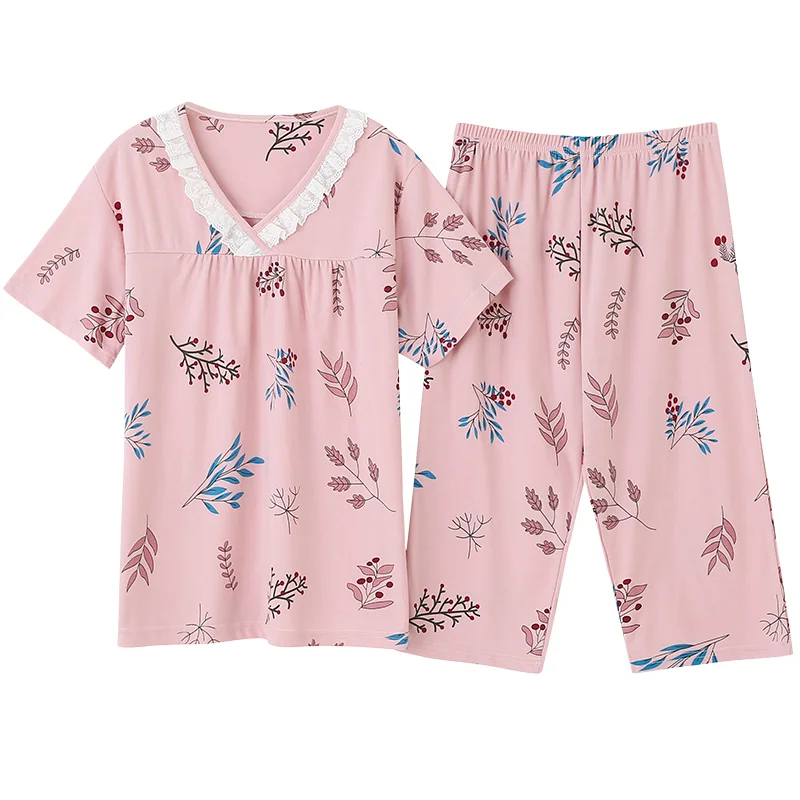 

Large Size M-4XL Women Pajamas Sets Soft Nightwear Summer Short Sleeve Pyjamas Small Floral Print Sleepwear Female Pijamas Mujer