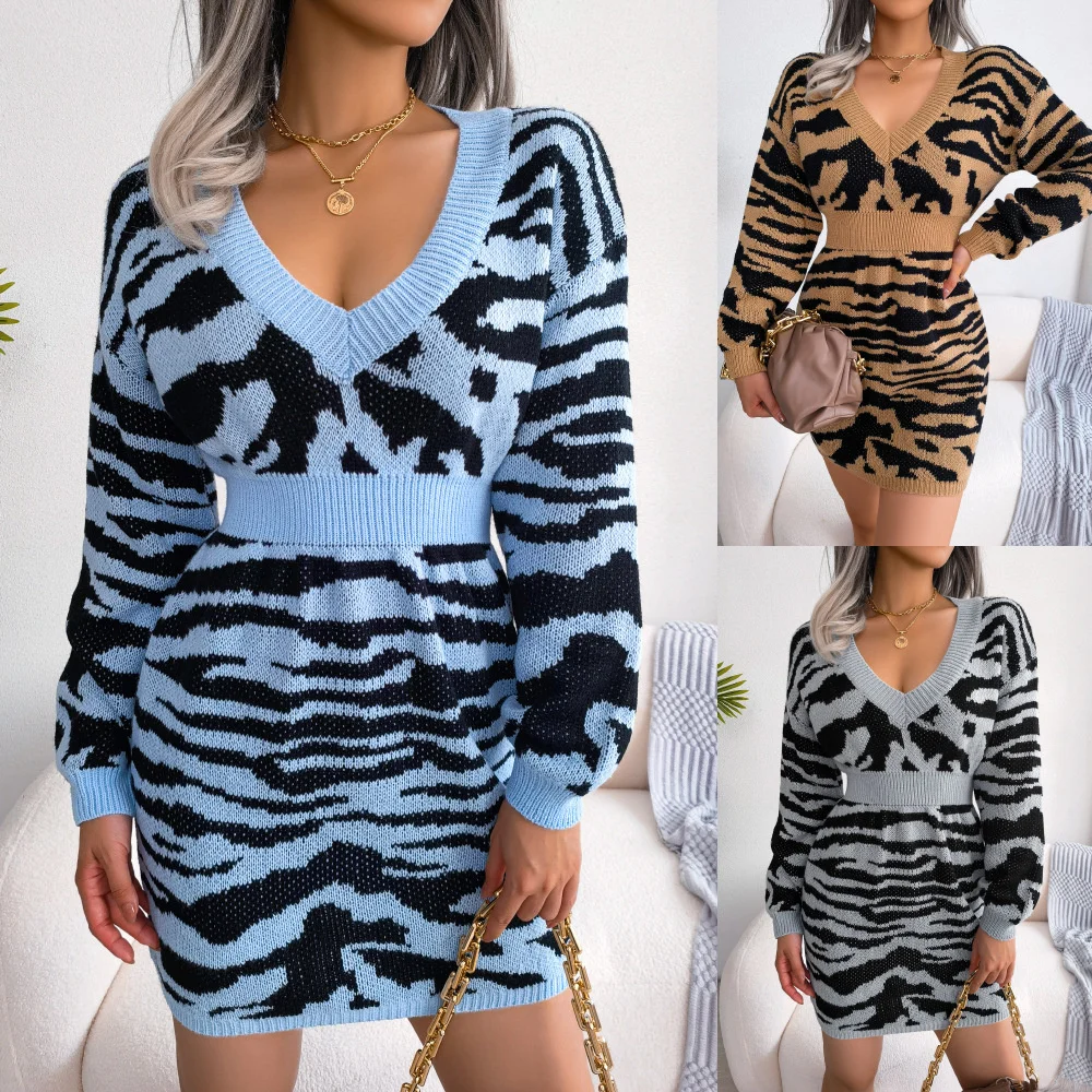 

Ins style autumn and winter fashion tiger pattern Lantern Sleeve waist wool dress women's wear