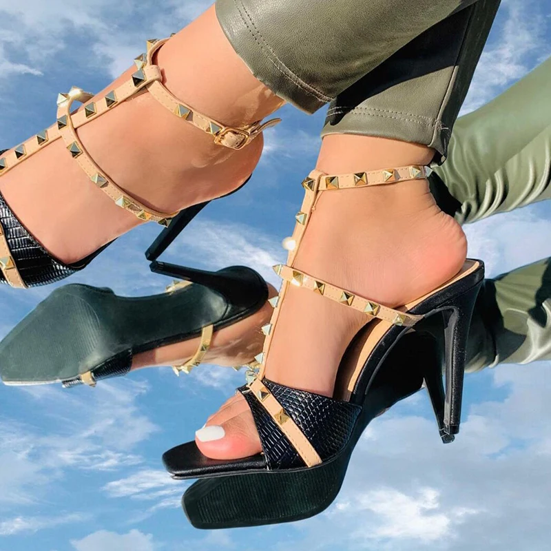 

2022 Women Shoes Pumps 11.5cm High Heels Rivet Red Party Female Sandals Pointed Toe Sandals Ladies Summer Footwear High-Heeled