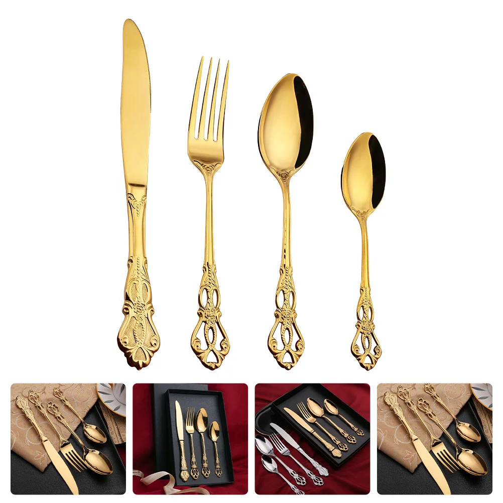 

Set Steel Spoon Fork Stainless Dinner Cutlery Kitchen Silverware Utensil Flatware Tableware Spoonssteak Gold Dinnerware Salad