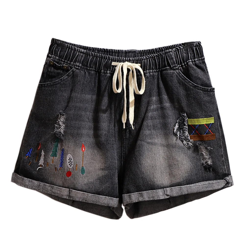 

Baggy Jean Shorts Womens Elastic Waist Straight Leg Ripped Embroidered Slim Denim Shorts