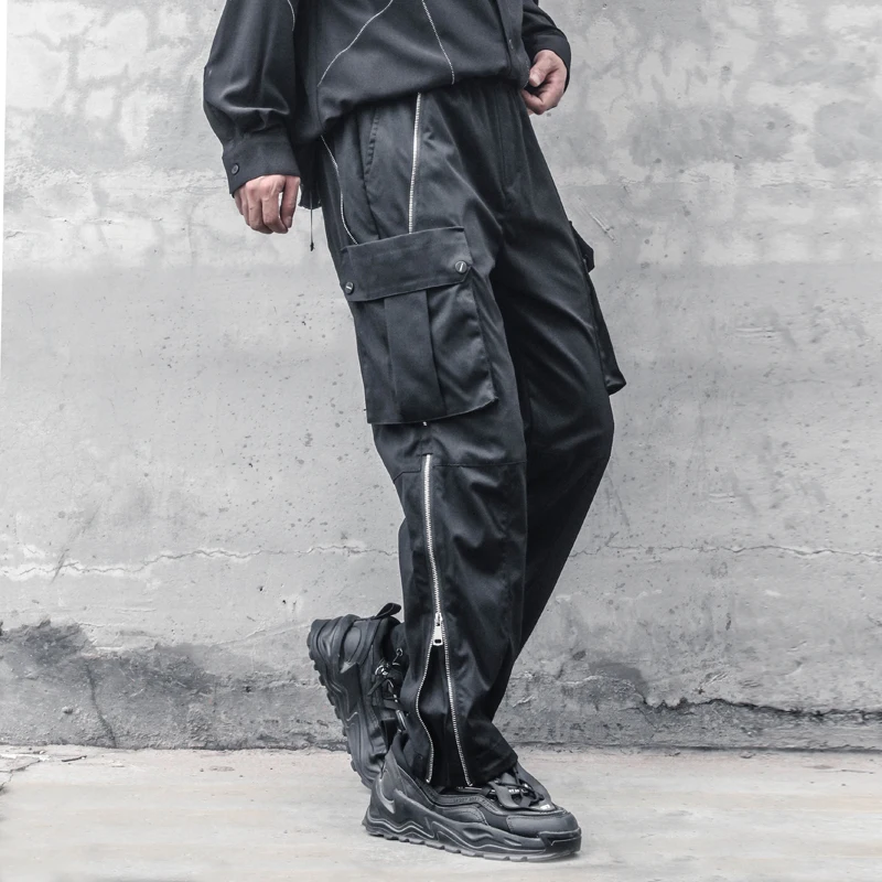 Spring And Summer New Niche Design Overalls Men's Loose Fashion Long Zipper Decorative Straight Leg Binding Functional Pants