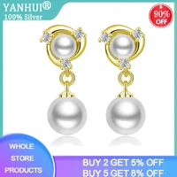 women elegant earrings imitation 10mm pearls earrings original 925 silver needle eardrops bridal wedding party fine jewelry e027