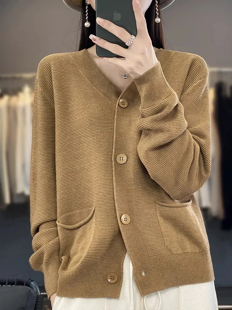 

Linen Cardigan Sweater Women V-neck Long Sleeve Top Korean Style New In Outerwears Mujer Knitwear Pockets Designer Spring Clothe