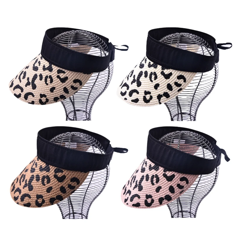 

634C Woman Sun Foldable Retro Leopard Print Straw Hat Sun Protection for Outdoor