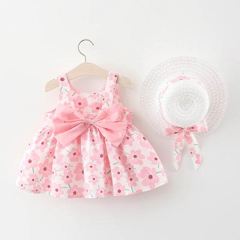 

Summer Newborn Baby Clothes Infant Girl Clothes Korean Cute Print Sleeveless Cotton Beach Dress+Sunhat Princess Dresses BC003