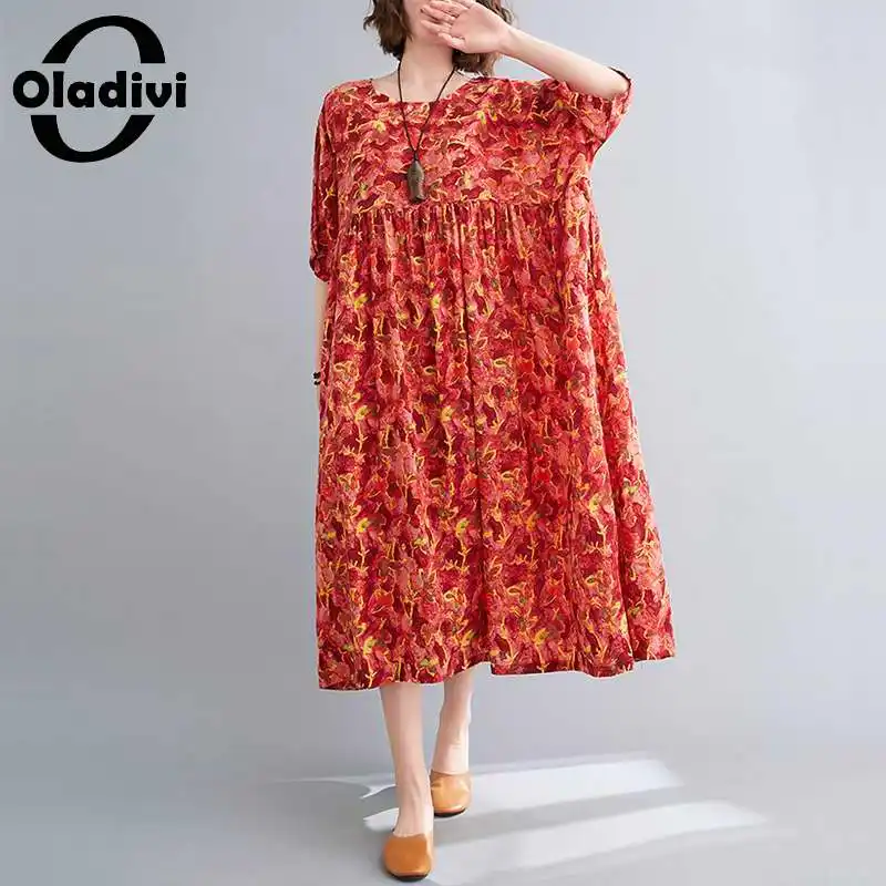 

Oladivi Oversized Clothing Fashion Print Dresses Summer 2022 New Women Maxi Long Boho Dress Big Tunic Robe Femme Vestidios Red