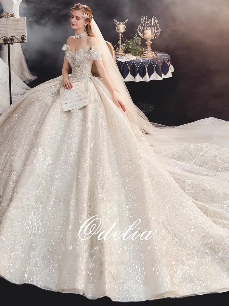 

Gorgeous White Wedding Dress With Necklace Sweetheart Boat Neck Off Shoulder Long Tailing Princess Beading Sequin Bridal Gowns