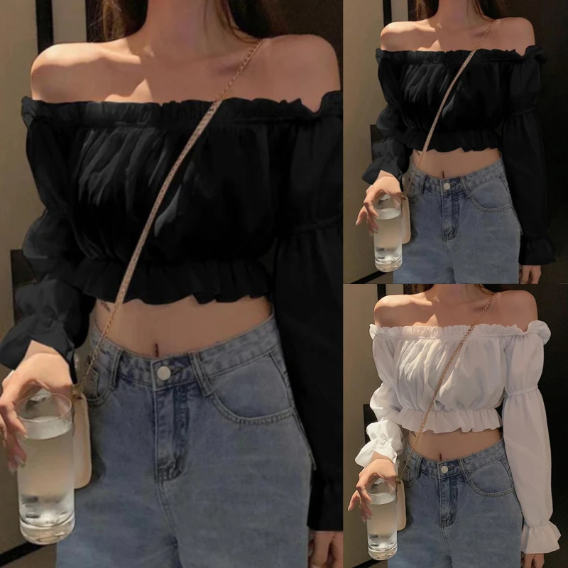 

Женский топ, пикантная блузка с открытыми плечами, Топ с длинным рукавом для клувечерние, белая блузка с оборками, укороченный топ, летний то...