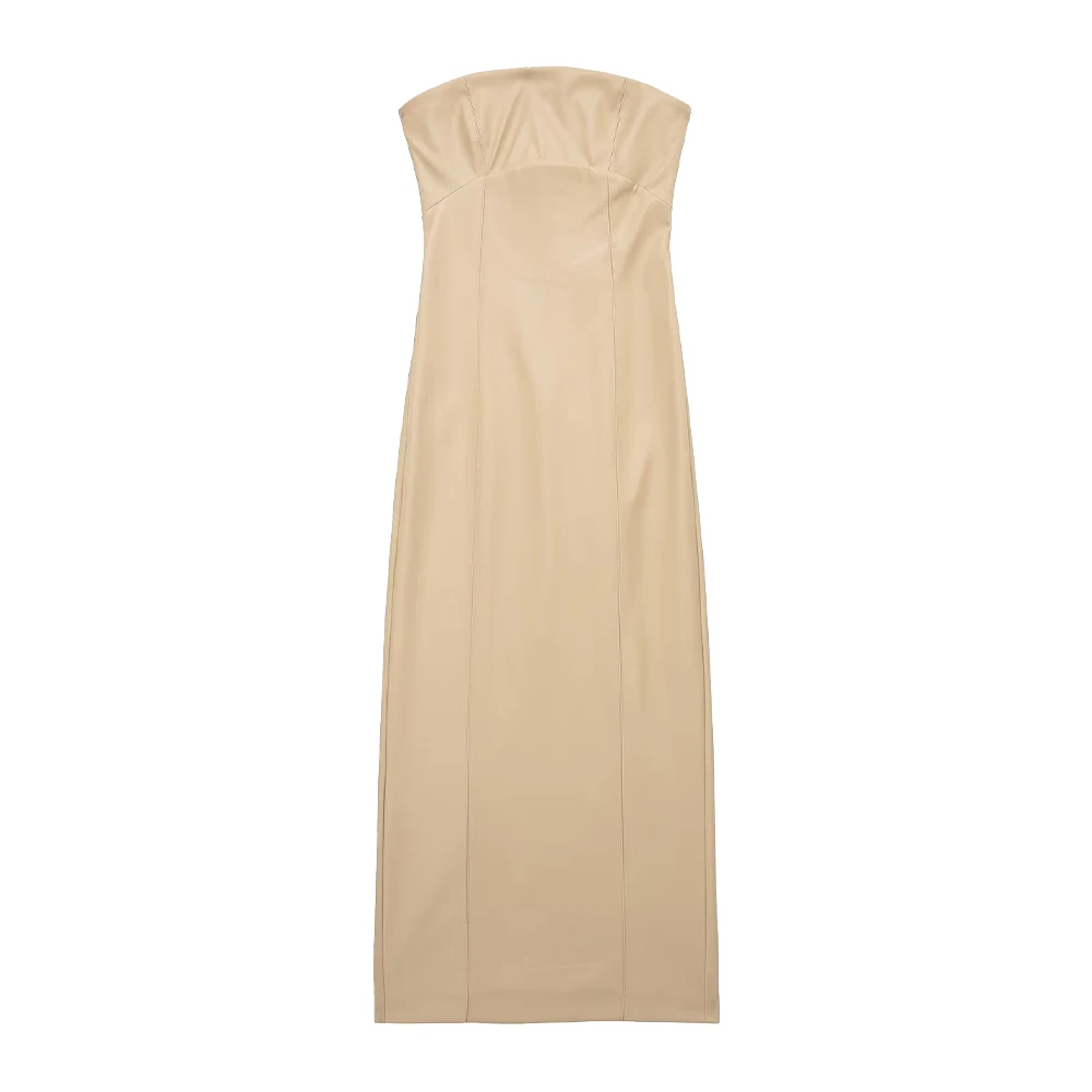 

WOMEN TRAF 2022 Imitation Leather Tube Top Dress Slit Design Back Zipper Sexy Solid Color Fashion Female Elegant Dress 6929606